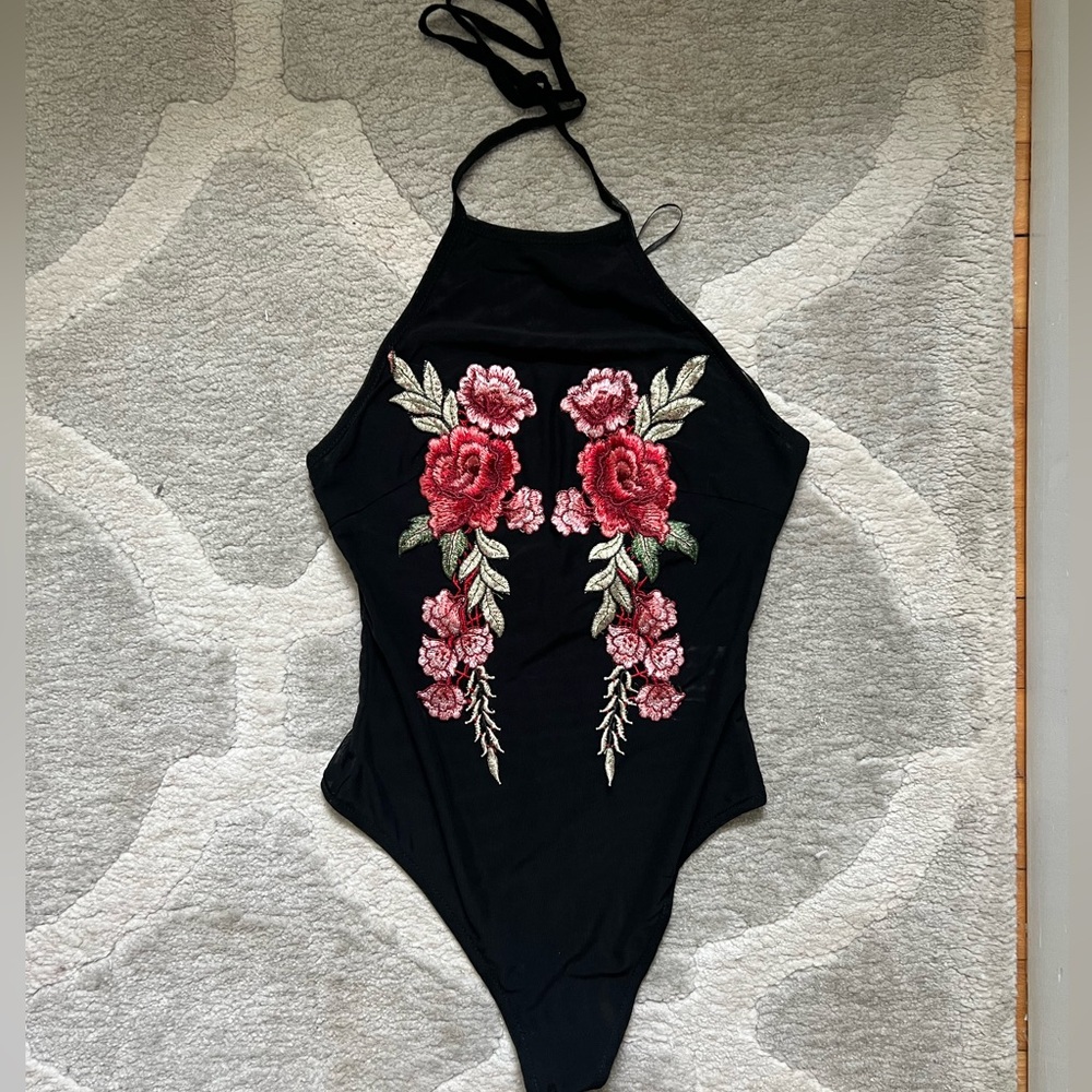 open back halter bodysuit